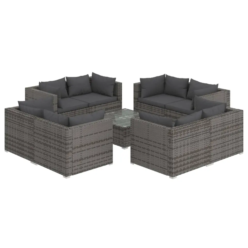 9 Piece Garden Lounge Set with Cushions Poly Rattan Grey 3101565 - Furniture