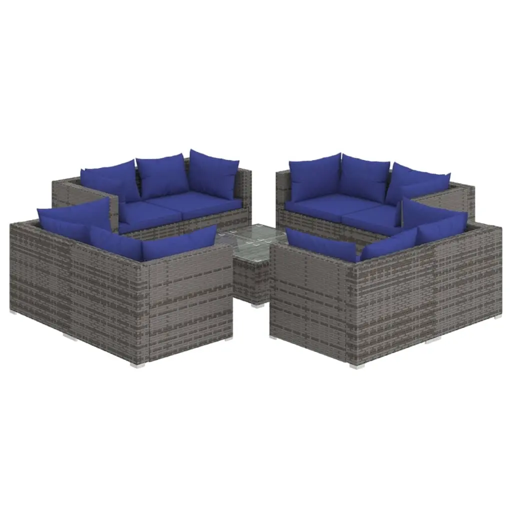 9 Piece Garden Lounge Set with Cushions Poly Rattan Grey 3101566 - Furniture