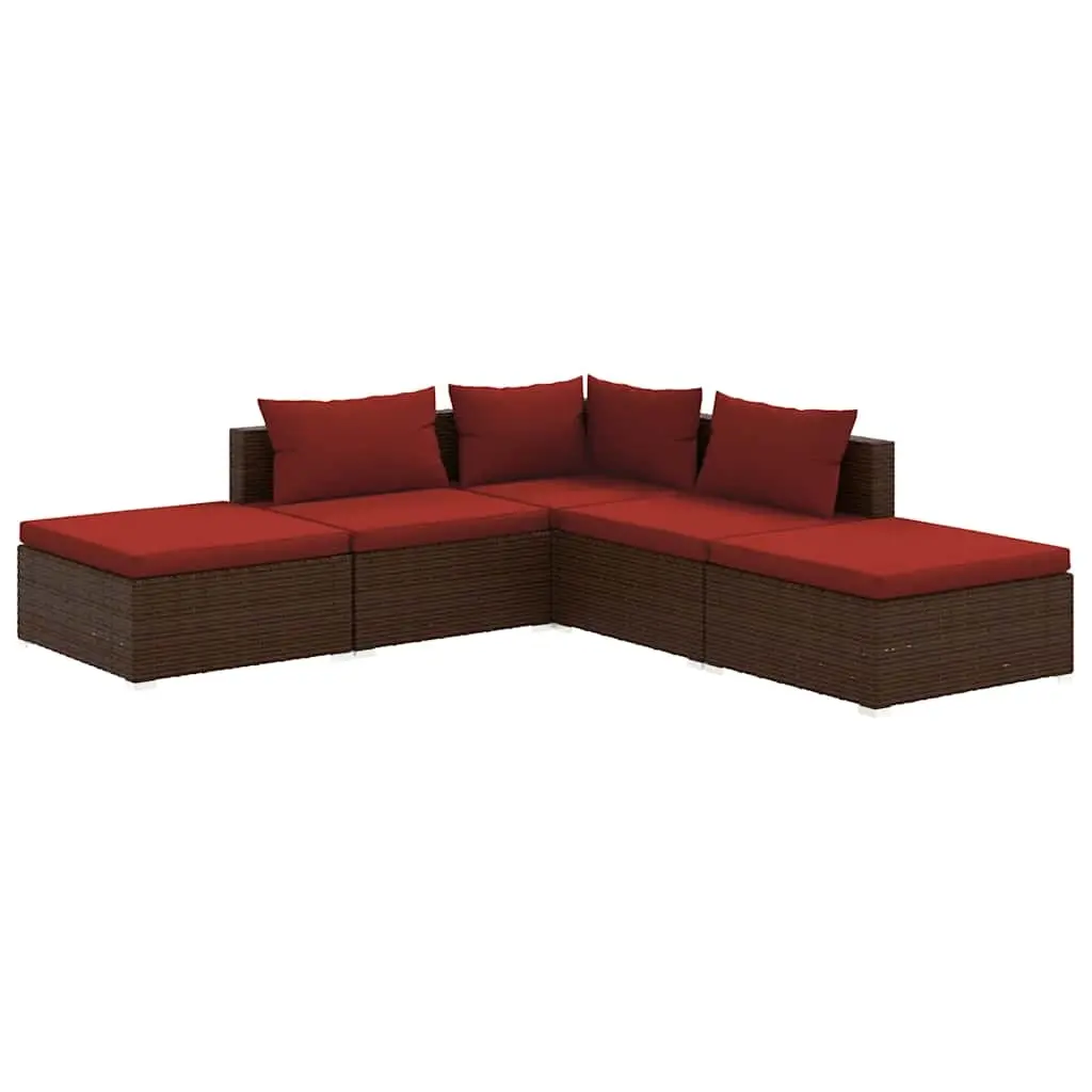5 Piece Garden Lounge Set with Cushions Poly Rattan Brown 3101611 - Furniture