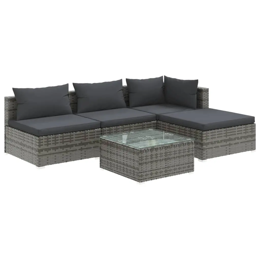5 Piece Garden Lounge Set with Cushions Poly Rattan Grey 3101621 - Furniture