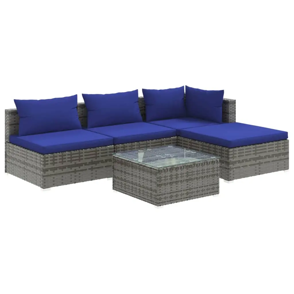 5 Piece Garden Lounge Set with Cushions Poly Rattan Grey 3101622 - Furniture
