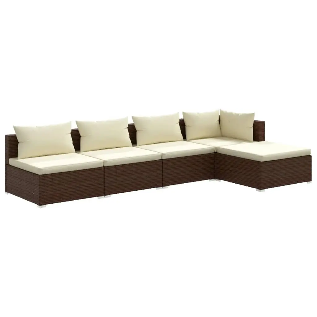 5 Piece Garden Lounge Set with Cushions Poly Rattan Brown 3101626 - Furniture