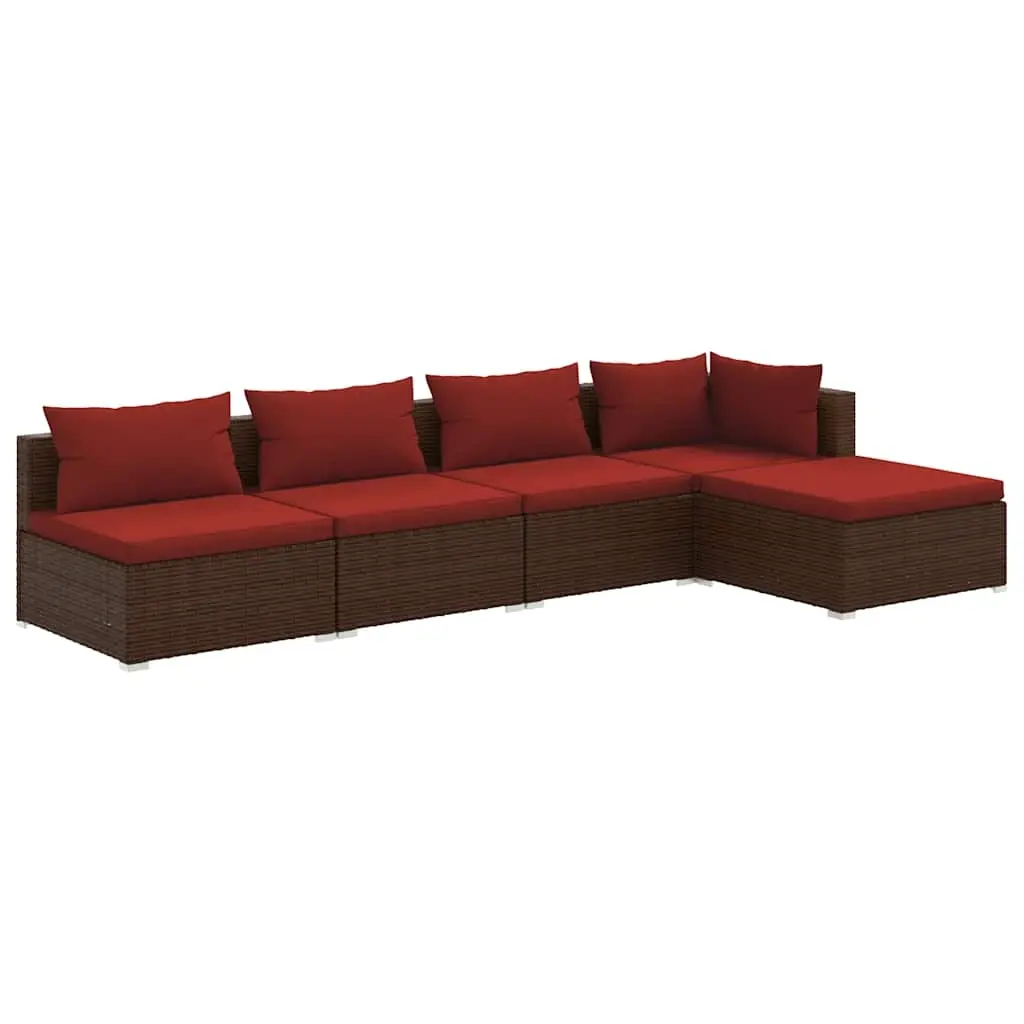 5 Piece Garden Lounge Set with Cushions Poly Rattan Brown 3101627 - Furniture
