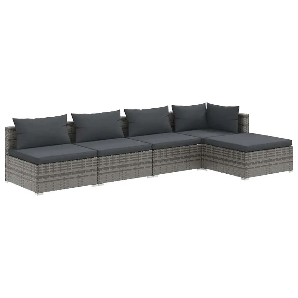 5 Piece Garden Lounge Set with Cushions Poly Rattan Grey 3101629 - Furniture