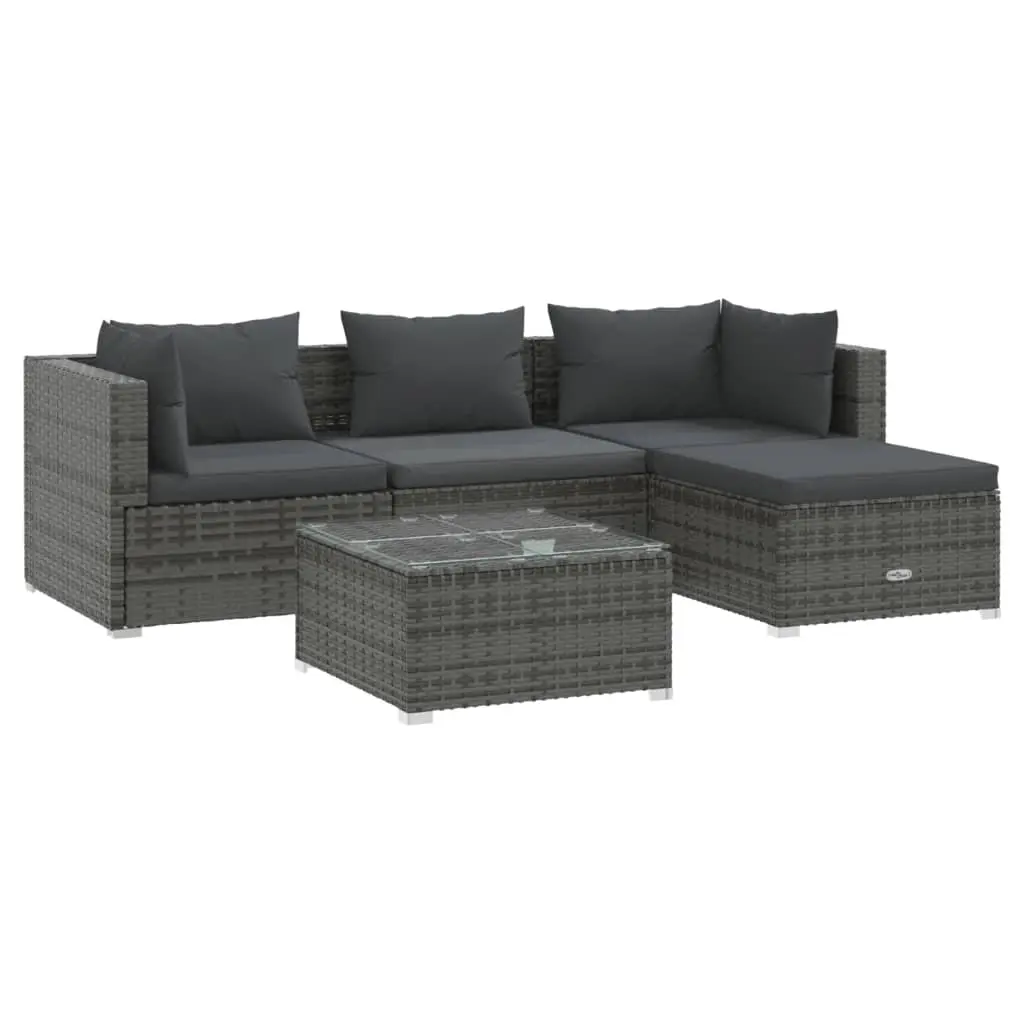 5 Piece Garden Lounge Set with Cushions Poly Rattan Grey 3101653 - Furniture