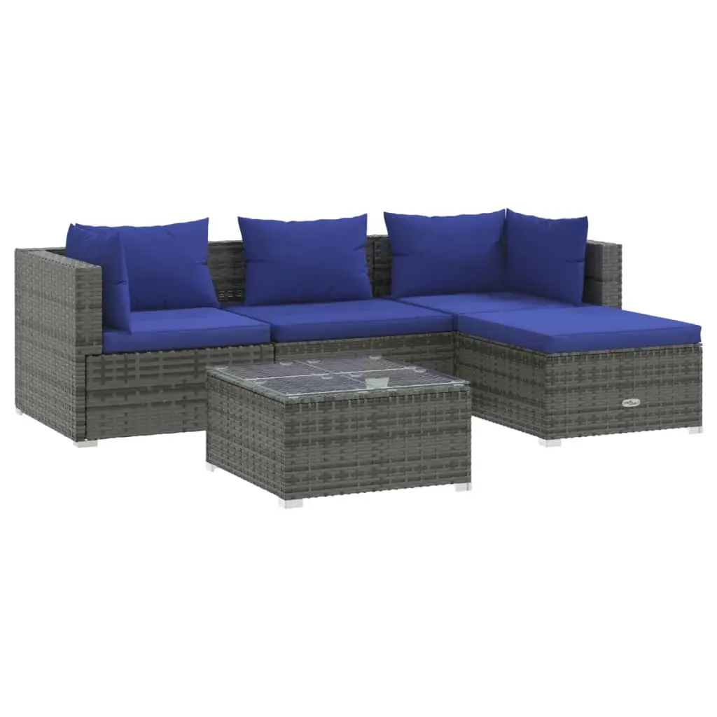 5 Piece Garden Lounge Set with Cushions Poly Rattan Grey 3101654 - Furniture