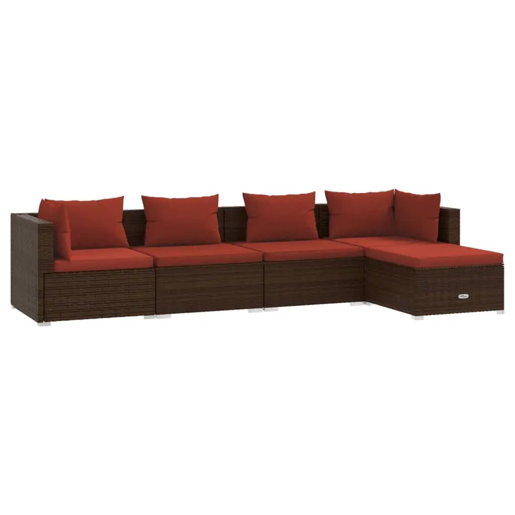 5 Piece Garden Lounge Set with Cushions Poly Rattan Brown 3101659 - Furniture