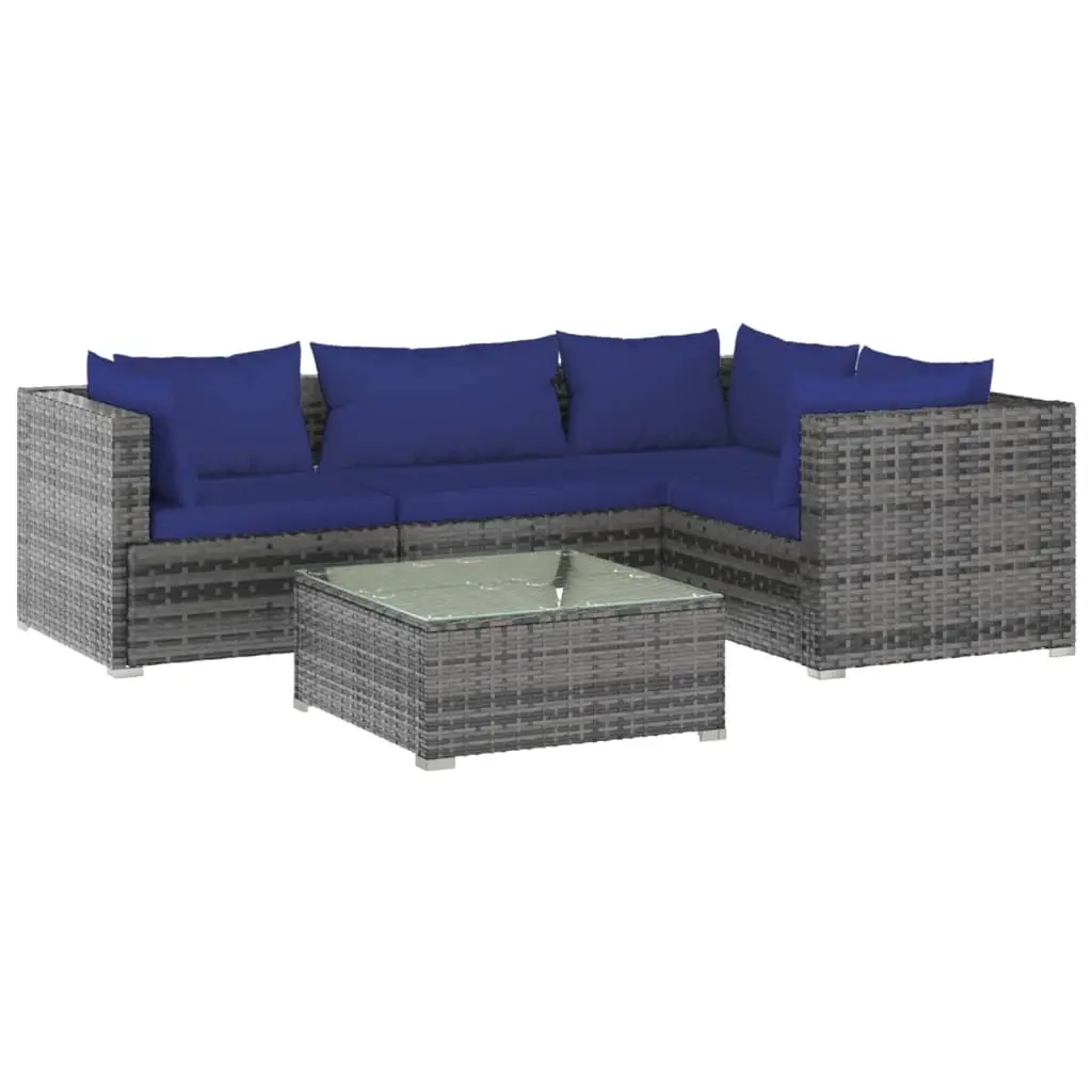 5 Piece Garden Lounge Set with Cushions Poly Rattan Grey 3101686 - Furniture