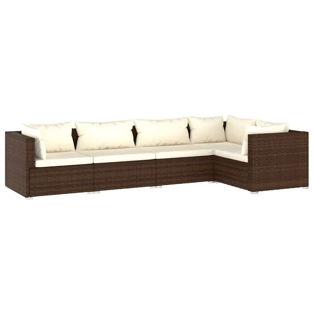 5 Piece Garden Lounge Set with Cushions Poly Rattan Brown 3101690 - Furniture