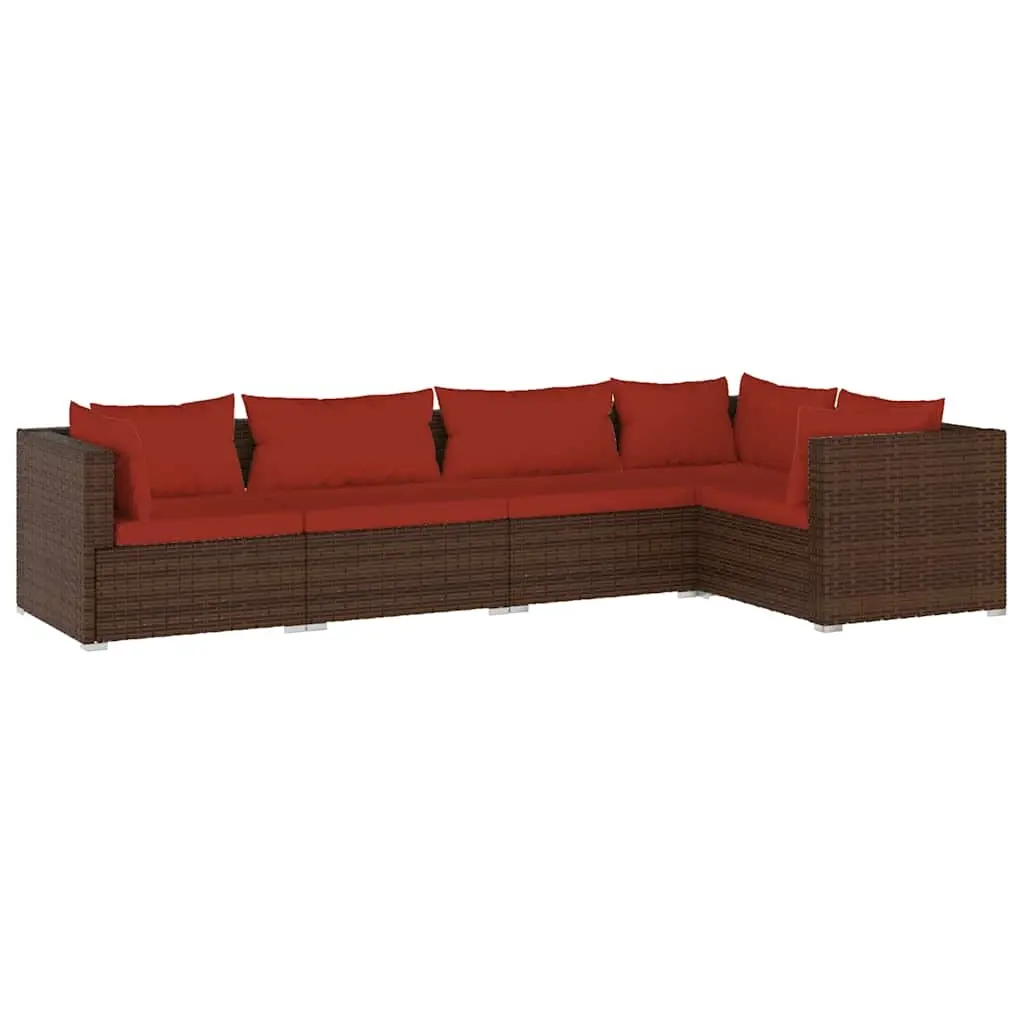 5 Piece Garden Lounge Set with Cushions Poly Rattan Brown 3101691 - Furniture