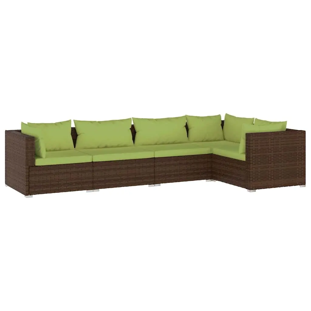 5 Piece Garden Lounge Set with Cushions Poly Rattan Brown 3101692 - Furniture