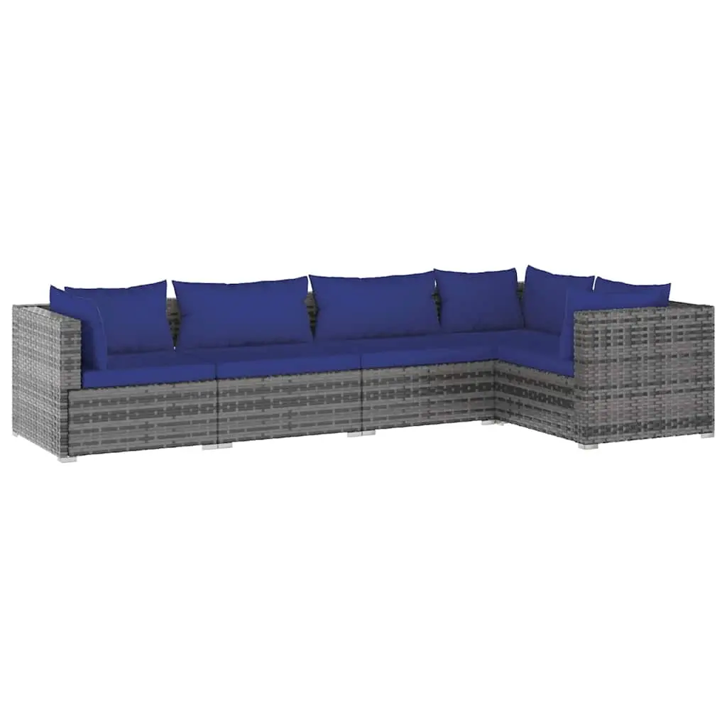 5 Piece Garden Lounge Set with Cushions Poly Rattan Grey 3101694 - Furniture