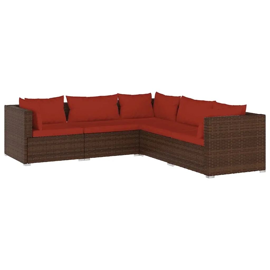 5 Piece Garden Lounge Set with Cushions Poly Rattan Brown 3101699 - Furniture