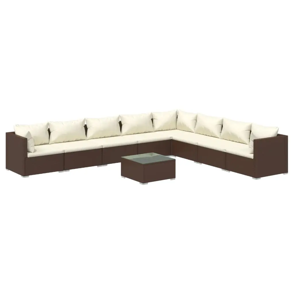 9 Piece Garden Lounge Set with Cushions Poly Rattan Brown 3101778 - Furniture
