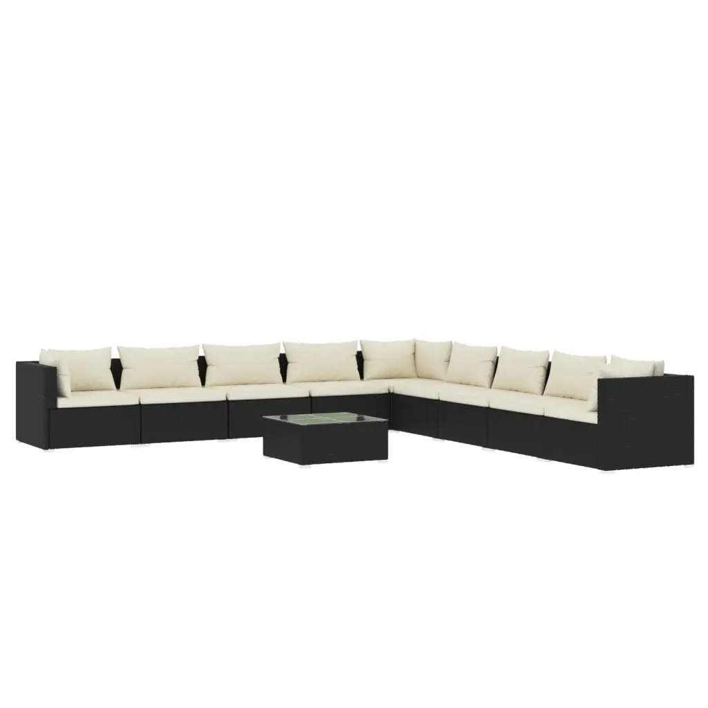 10 Piece Garden Lounge Set with Cushions Poly Rattan Black 3101791 - Furniture