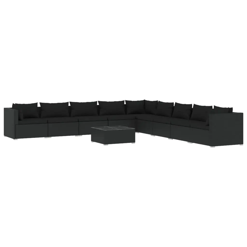 10 Piece Garden Lounge Set with Cushions Poly Rattan Black 3101792 - Furniture