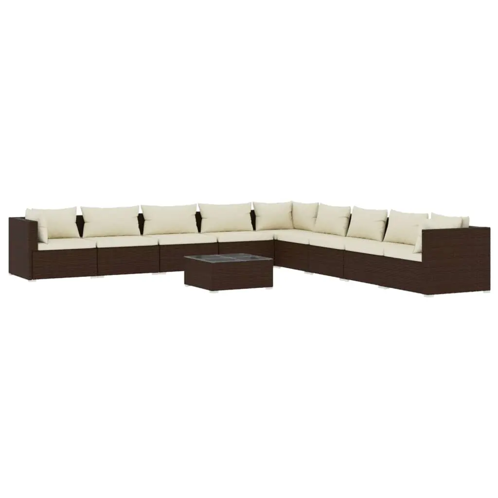 10 Piece Garden Lounge Set with Cushions Poly Rattan Brown 3101794 - Furniture