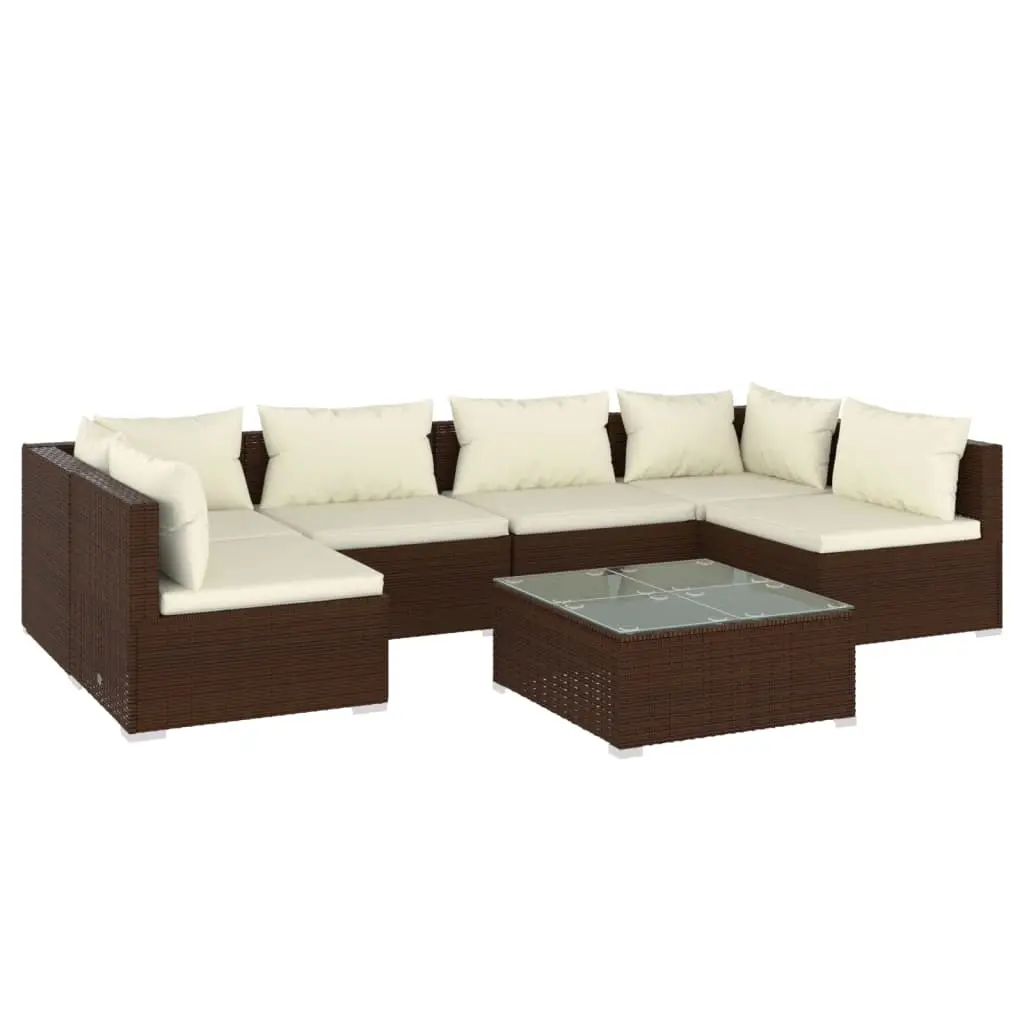 7 Piece Garden Lounge Set with Cushions Poly Rattan Brown 3101882 - Furniture
