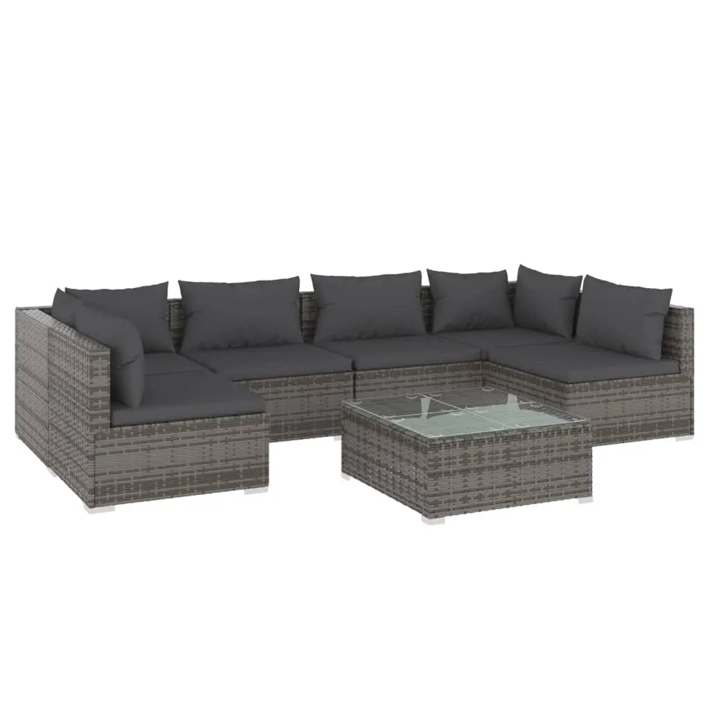 7 Piece Garden Lounge Set with Cushions Poly Rattan Grey 3101885 - Furniture