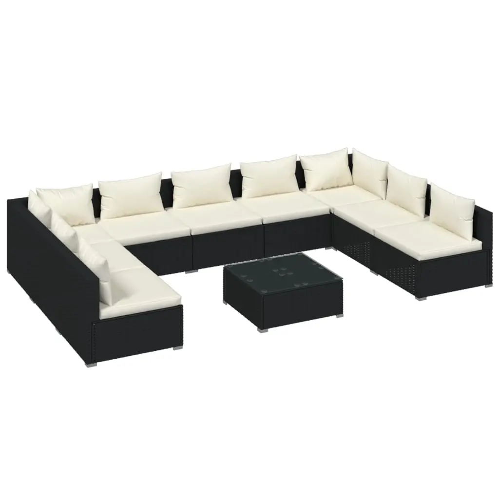 10 Piece Garden Lounge Set with Cushions Poly Rattan Black 3101911 - Furniture