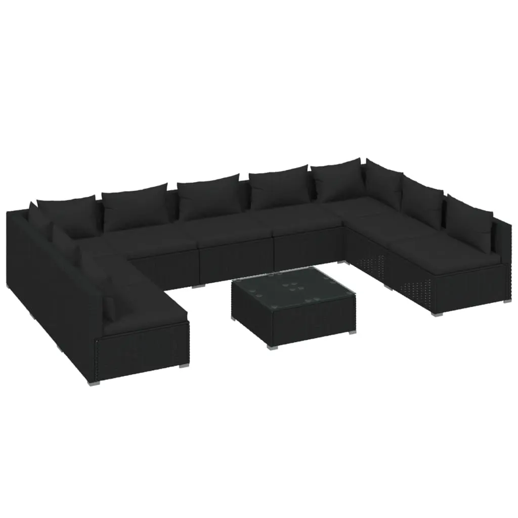 10 Piece Garden Lounge Set with Cushions Poly Rattan Black 3101912 - Furniture