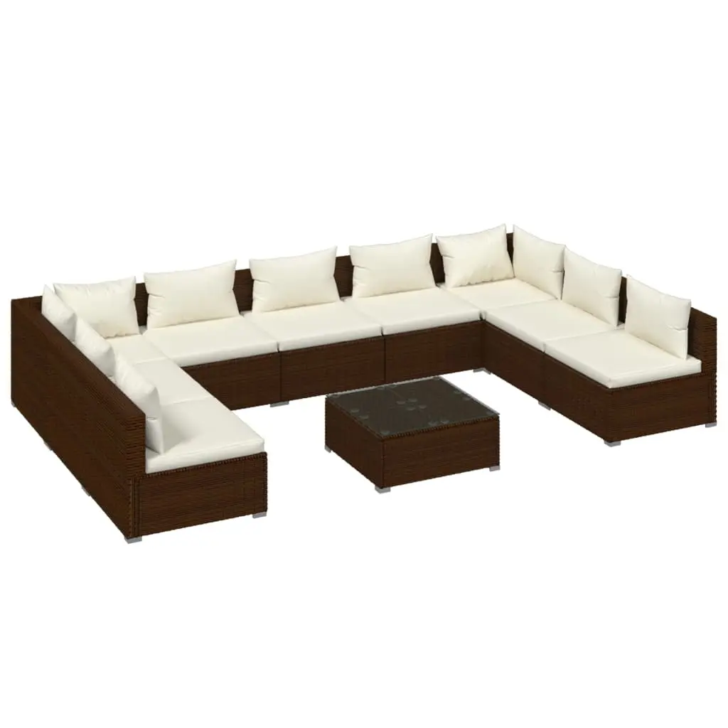 10 Piece Garden Lounge Set with Cushions Poly Rattan Brown 3101914 - Furniture