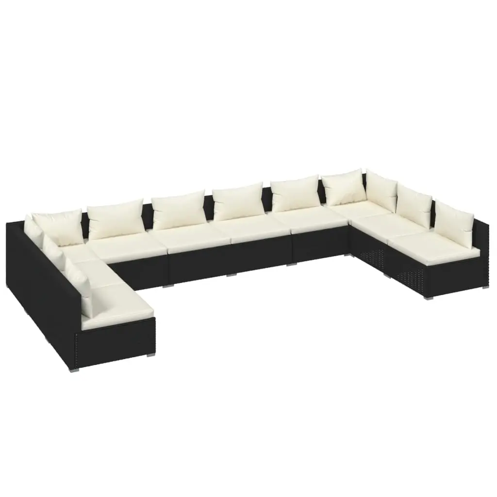 10 Piece Garden Lounge Set with Cushions Poly Rattan Black 3101919 - Furniture