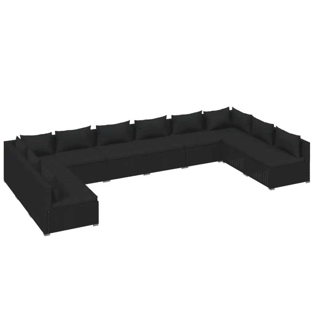 10 Piece Garden Lounge Set with Cushions Poly Rattan Black 3101920 - Furniture