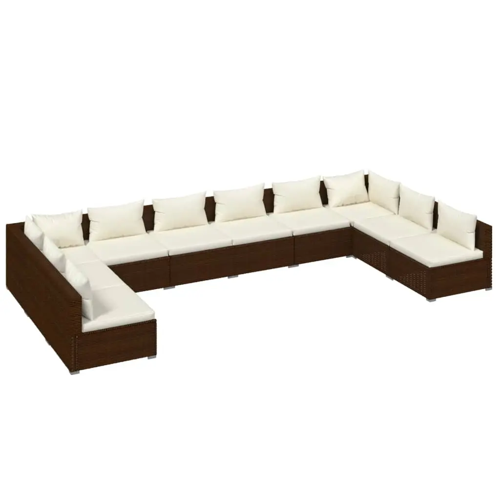 10 Piece Garden Lounge Set with Cushions Poly Rattan Brown 3101922 - Furniture