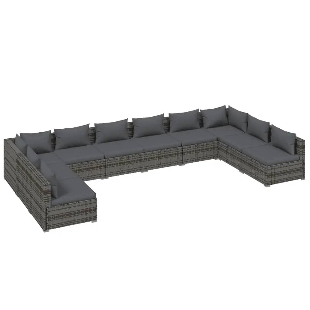 10 Piece Garden Lounge Set with Cushions Poly Rattan Grey 3101925 - Furniture