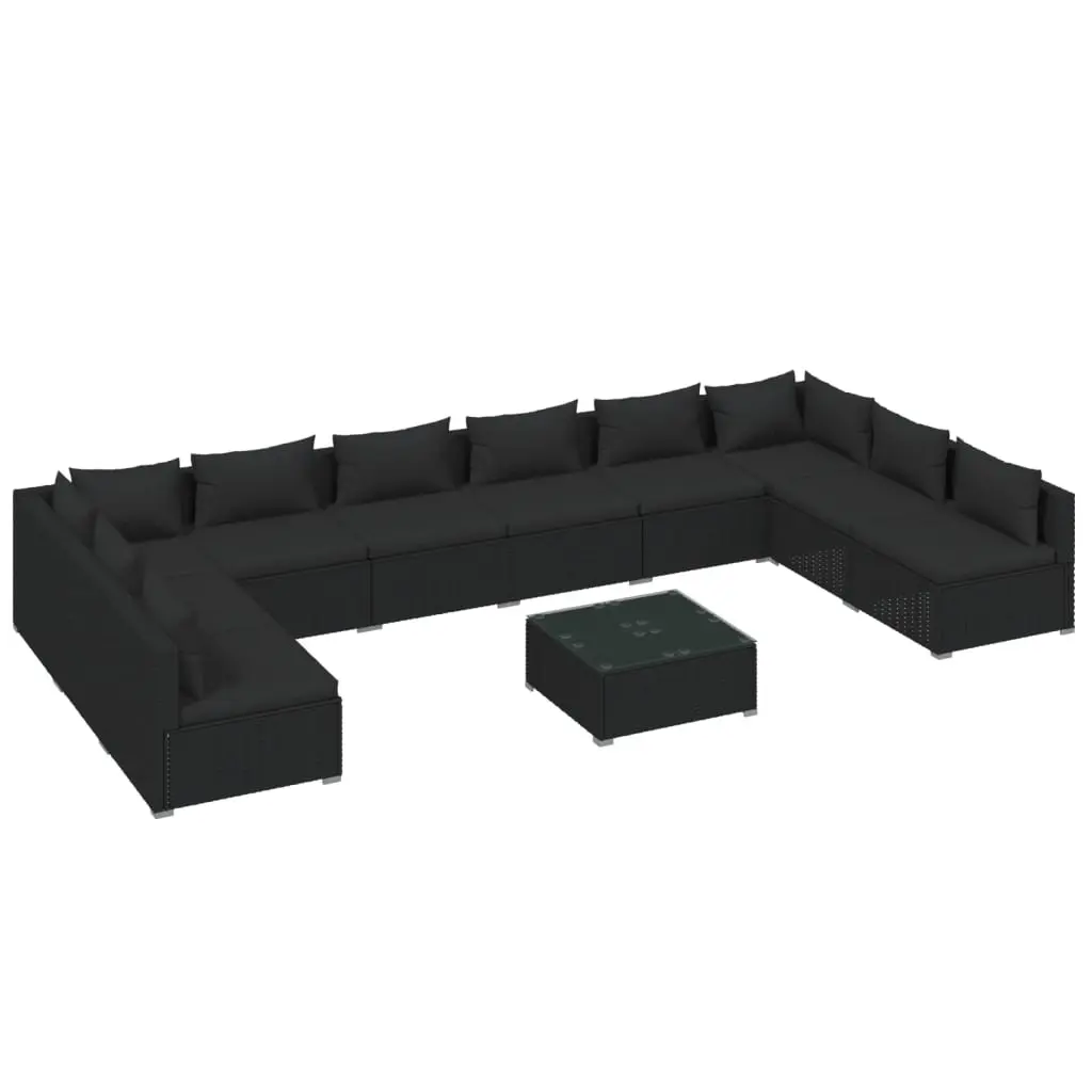 11 Piece Garden Lounge Set with Cushions Poly Rattan Black 3101928 - Furniture