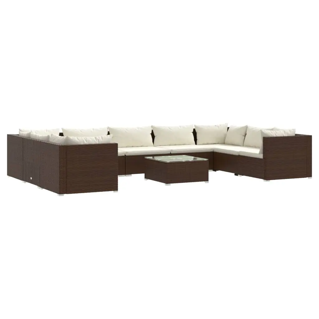 10 Piece Garden Lounge Set with Cushions Poly Rattan Brown 3101978 - Furniture