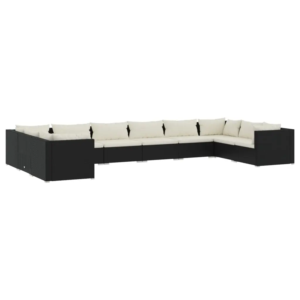 10 Piece Garden Lounge Set with Cushions Poly Rattan Black 3101983 - Furniture