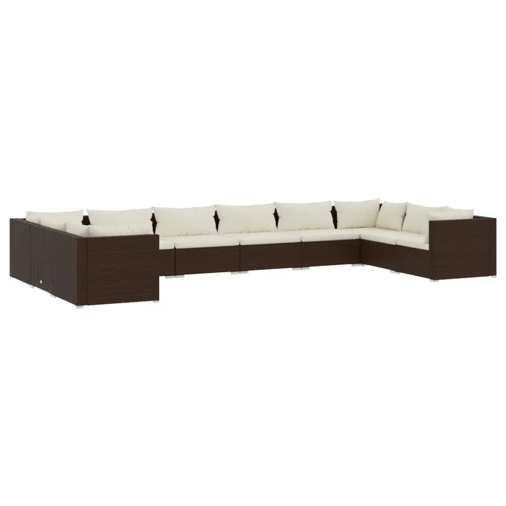 10 Piece Garden Lounge Set with Cushions Poly Rattan Brown 3101986 - Furniture
