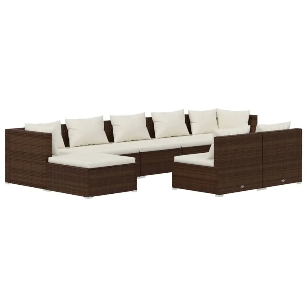 9 Piece Garden Lounge Set with Cushions Brown Poly Rattan 3102002 - Furniture