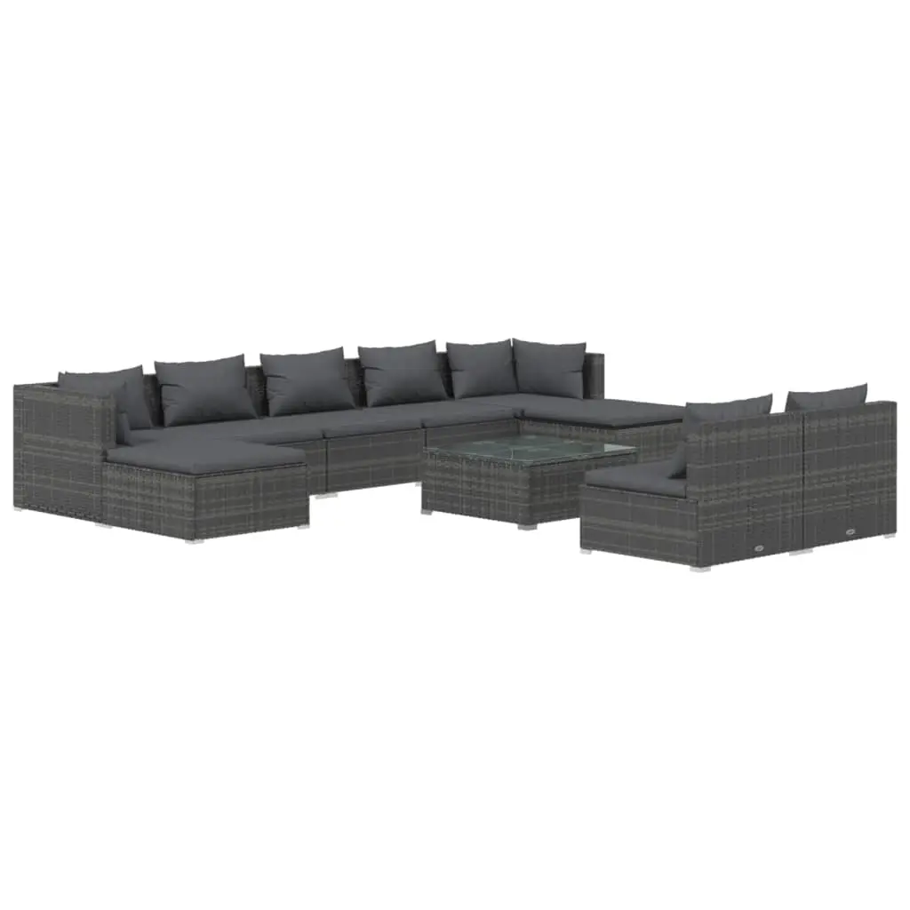 10 Piece Garden Lounge Set with Cushions Grey Poly Rattan 3102013 - Furniture
