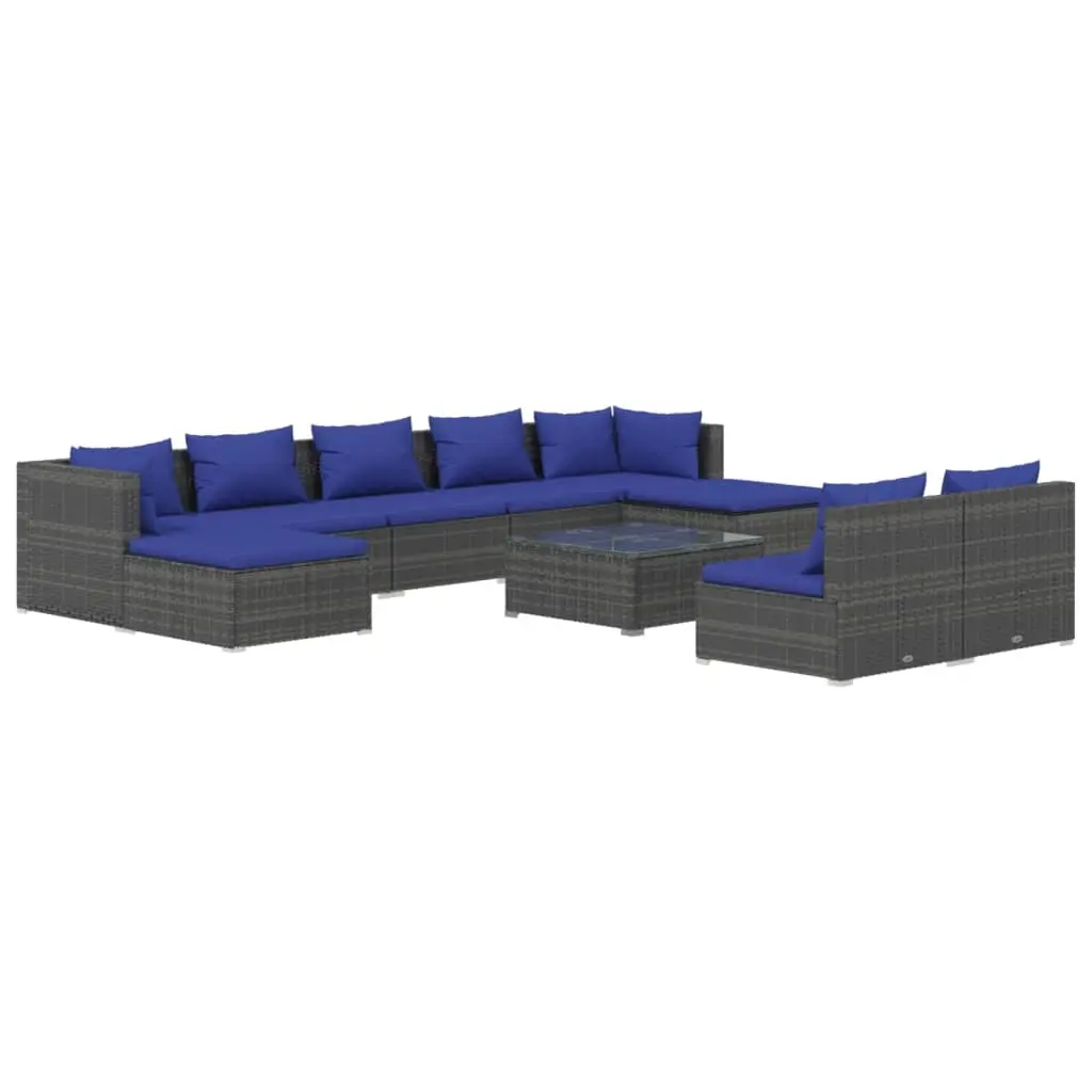 10 Piece Garden Lounge Set with Cushions Grey Poly Rattan 3102014 - Furniture