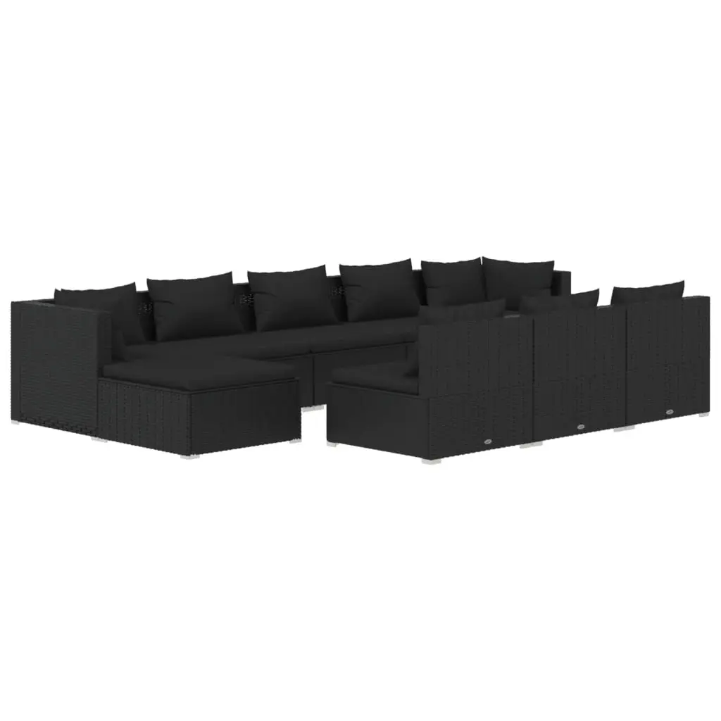 10 Piece Garden Lounge Set with Cushions Black Poly Rattan 3102016 - Furniture