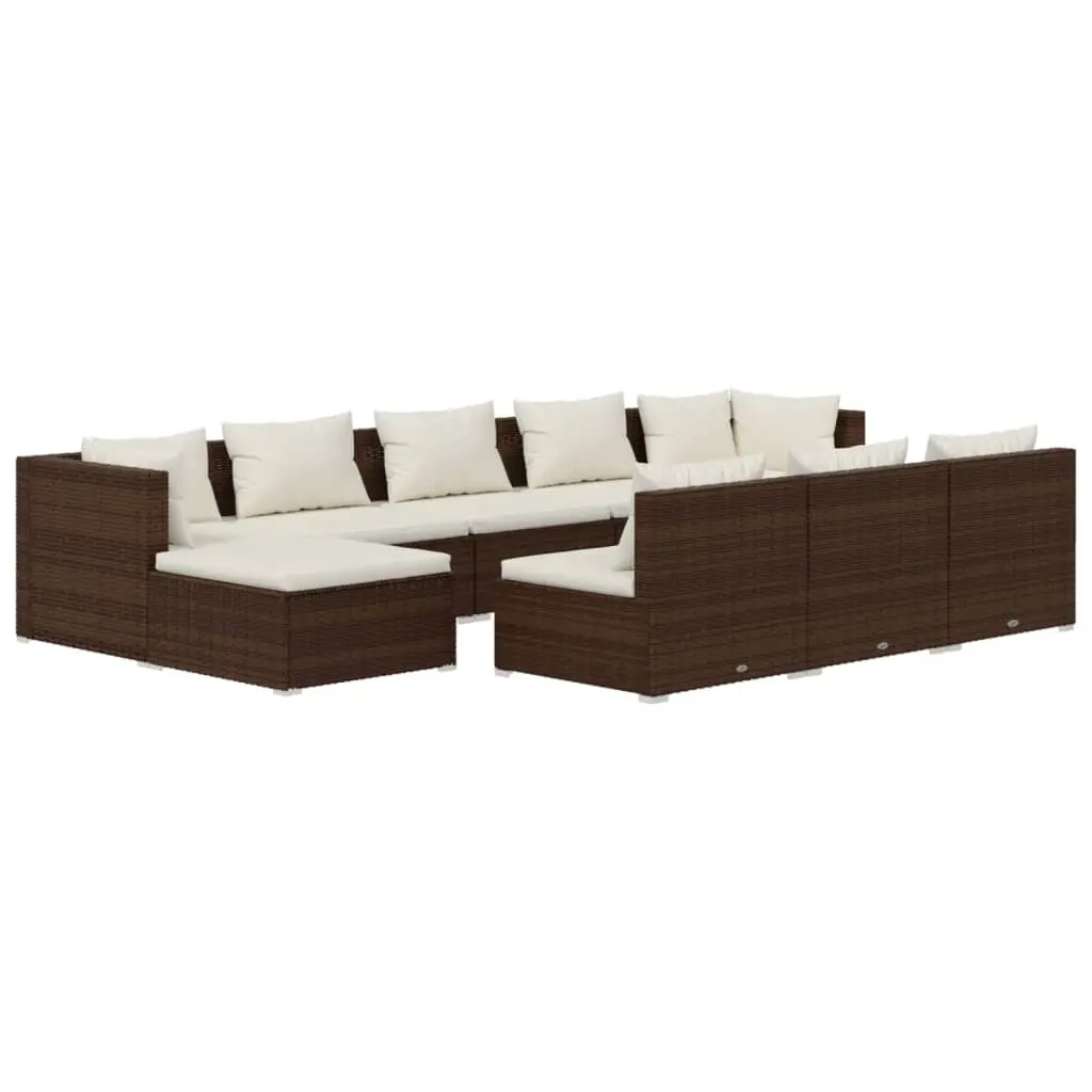 10 Piece Garden Lounge Set with Cushions Brown Poly Rattan 3102018 - Furniture