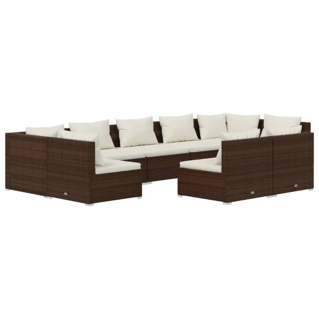 9 Piece Garden Lounge Set with Cushions Brown Poly Rattan 3102026 - Furniture