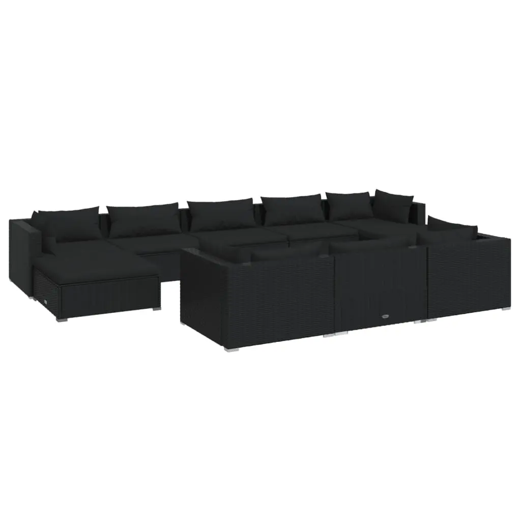 10 Piece Garden Lounge Set with Cushions Black Poly Rattan 3102040 - Furniture