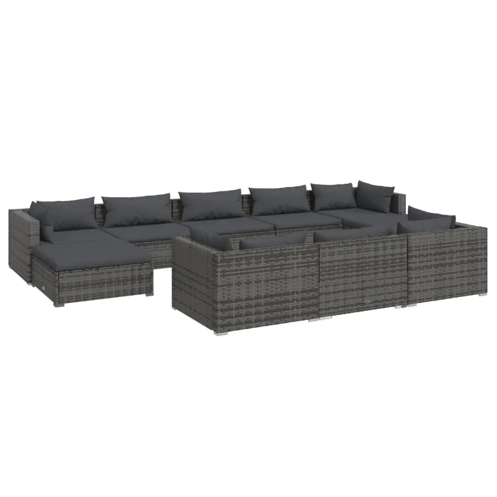 10 Piece Garden Lounge Set with Cushions Grey Poly Rattan 3102045 - Furniture