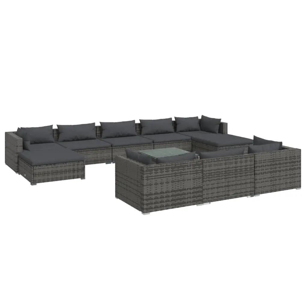 11 Piece Garden Lounge Set with Cushions Grey Poly Rattan 3102053 - Furniture