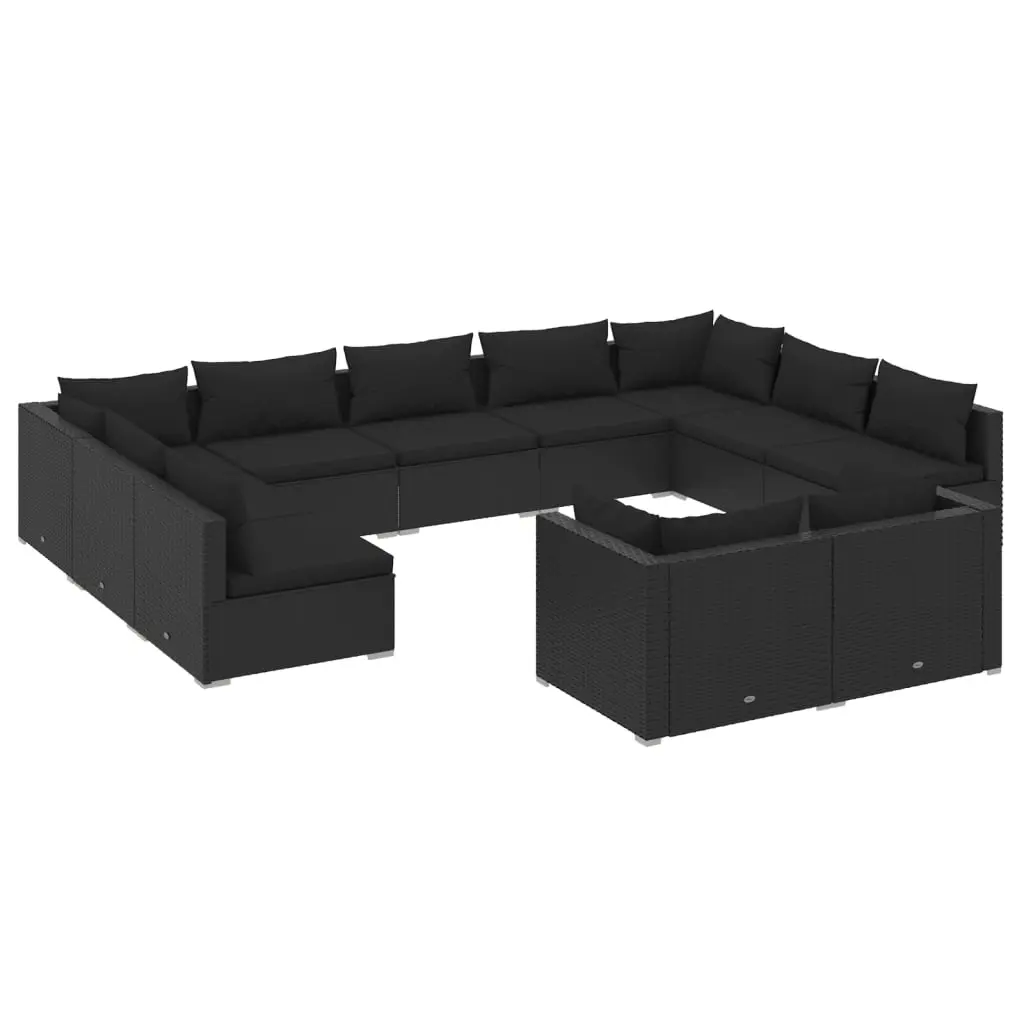 11 Piece Garden Lounge Set with Cushions Black Poly Rattan 3102072 - Furniture