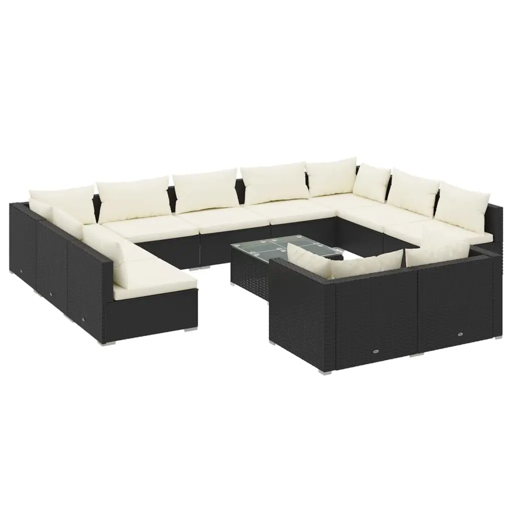12 Piece Garden Lounge Set with Cushions Black Poly Rattan 3102079 - Furniture