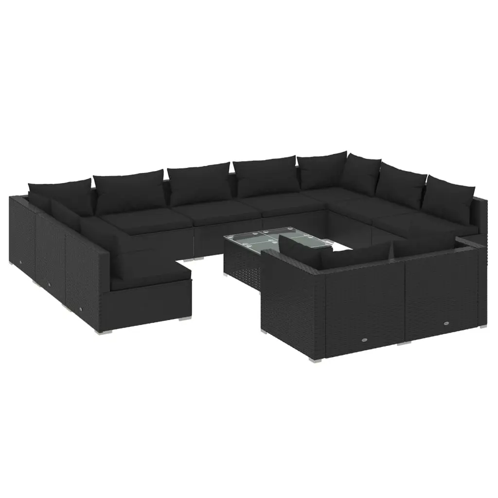 12 Piece Garden Lounge Set with Cushions Black Poly Rattan 3102080 - Furniture
