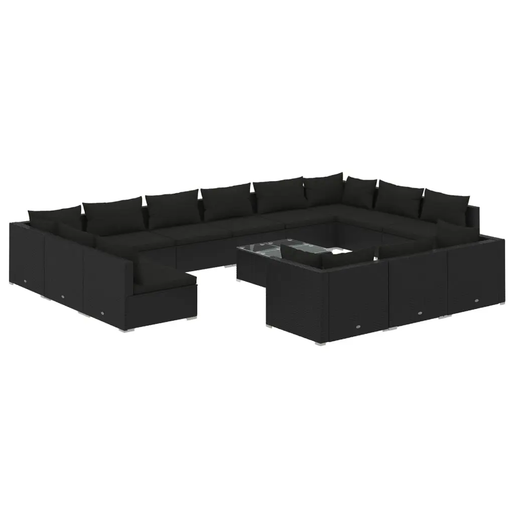 14 Piece Garden Lounge Set with Cushions Black Poly Rattan 3102112 - Furniture