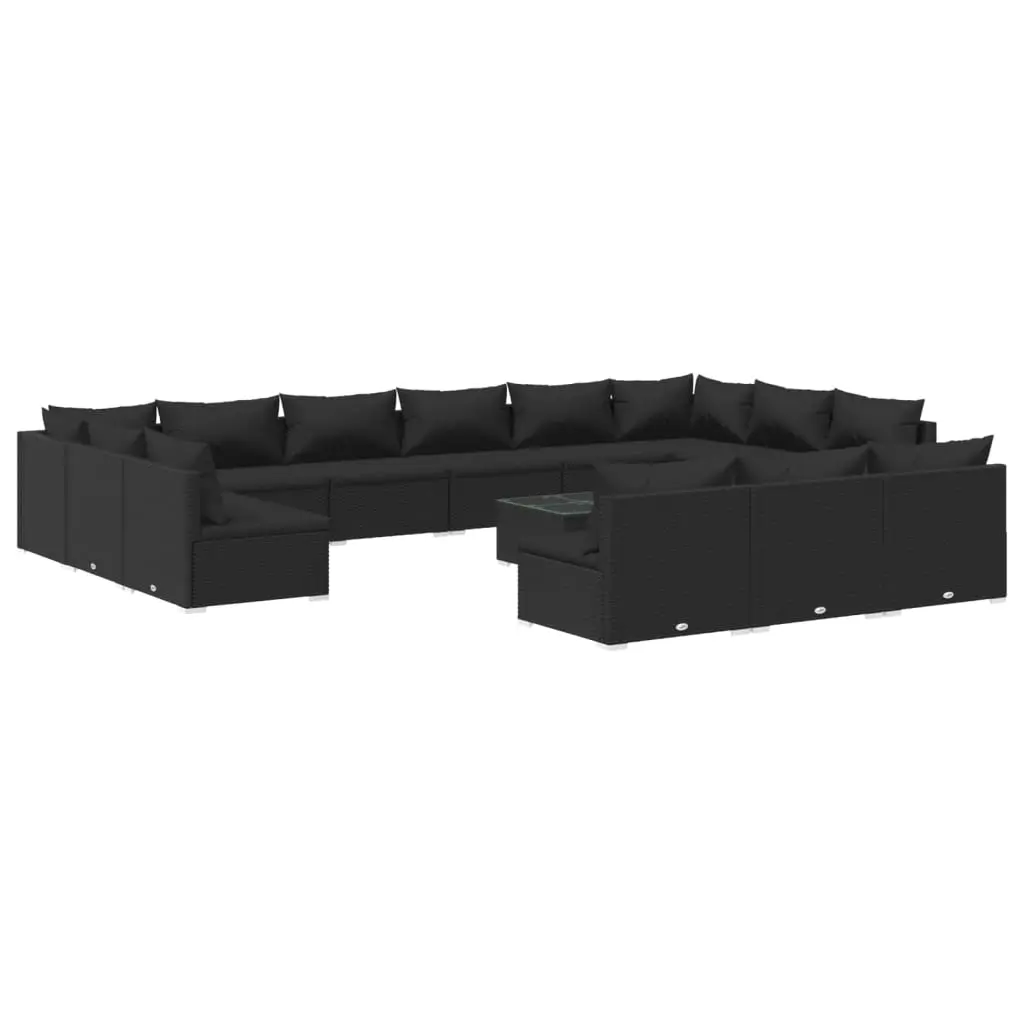 14 Piece Garden Lounge Set with Cushions Black Poly Rattan 3102160 - Furniture
