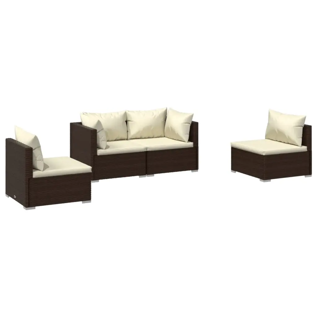 4 Piece Garden Lounge Set with Cushions Poly Rattan Brown 3102170 - Furniture