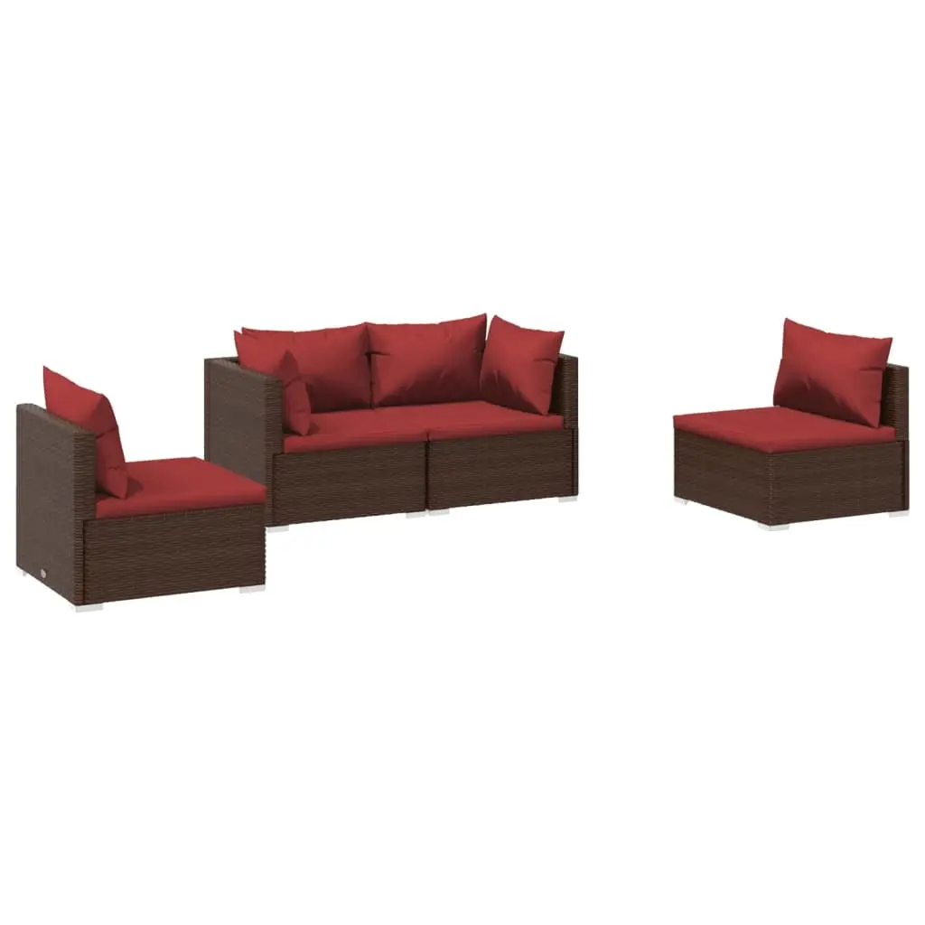 4 Piece Garden Lounge Set with Cushions Poly Rattan Brown 3102171 - Furniture